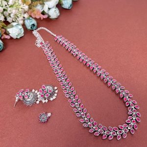 Oxidised Plated Long Necklace Set With Nose Pin